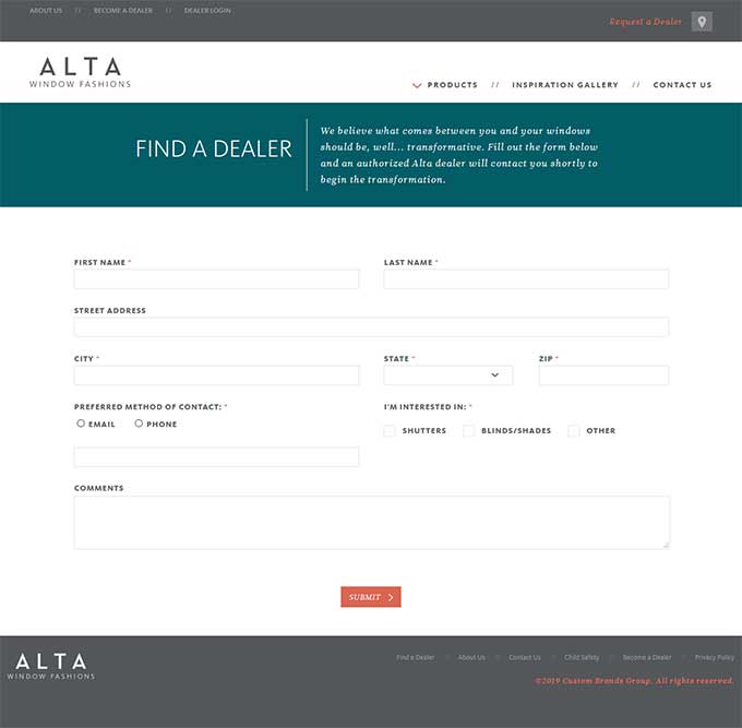Alta Window Fashions Find a Dealer Form on desktop