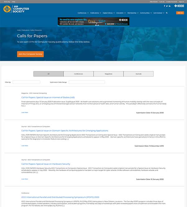 IEEE Computer Society call for papers landing page for desktop