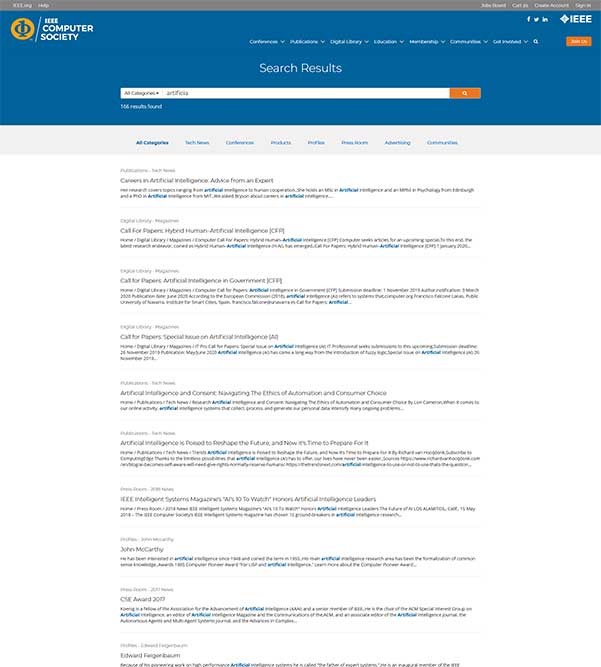 IEEE Computer Society search results landing page for desktop